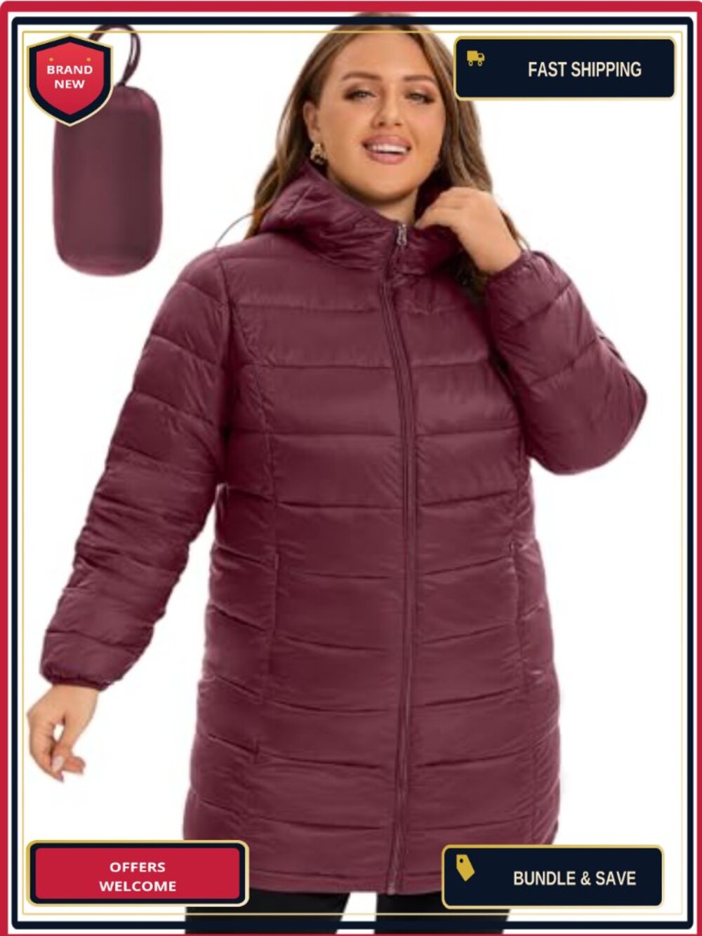 Plus Size Packable Puffer Jacket Women's Hooded Windproof Water Repellent Down